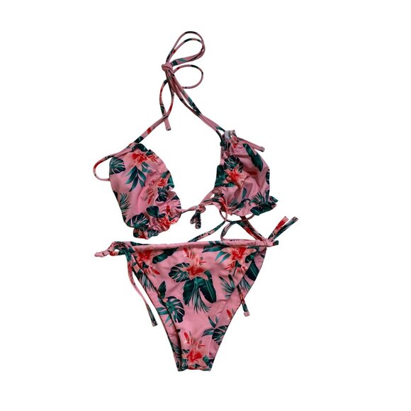 Tropical Floral Print Bikini XL Pink & Green Sexy Swimwear Cute Bathing Suit Y2K - Picture 3 of 6